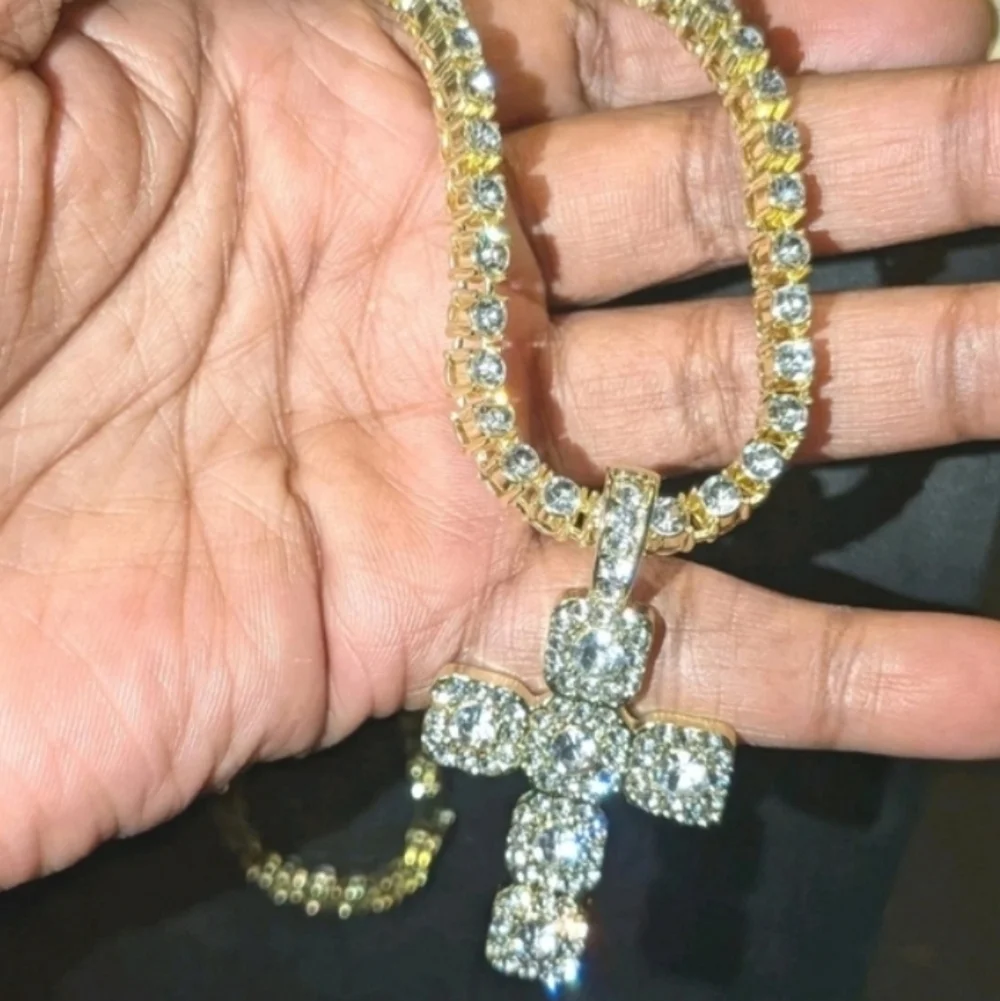 14k Yellow Gold Plated Lab Created Diamond Cross Pendant Tennis Necklace